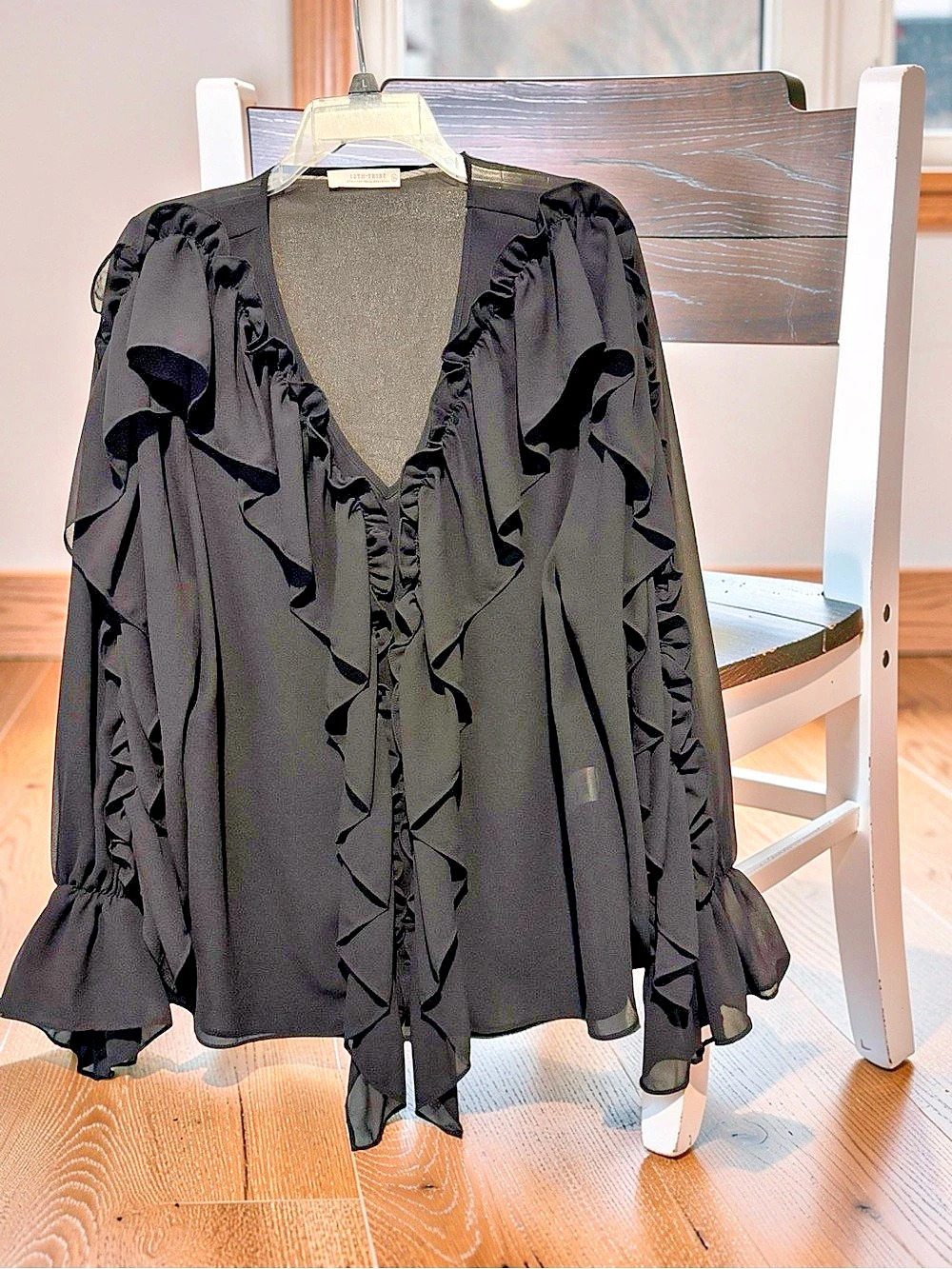 12th Tribe Throw Me In Your Suitcase Ruffle Blouse in Black XL Like New